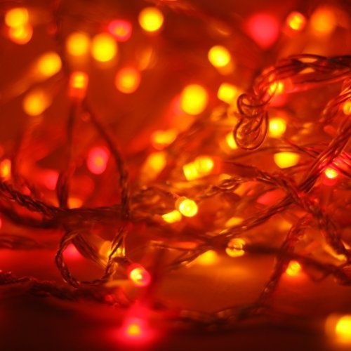 Red, orange & yellow LED Christmas / Halloween Lights (Sunset Lights). With NEW opaque LEDs. 100 LEDs, multi function, transparent wire. Starter Pack - can be used on their own or connect extra strings of lights (up to 12 sets from the same Qbis 30V connectable range)