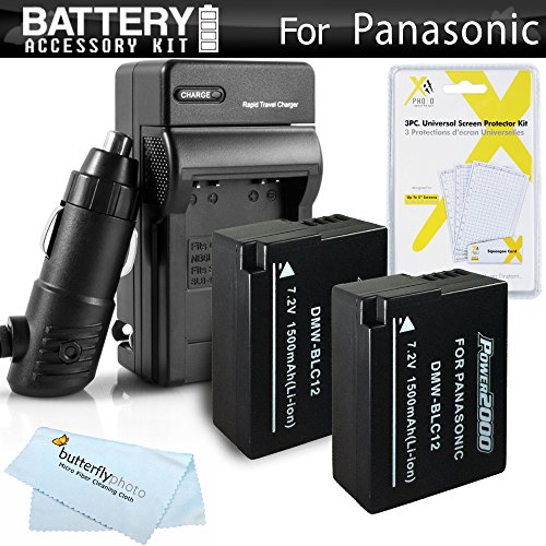 2 Pack Battery And Charger Kit For Panasonic Lumix DMC-FZ1000, DMC-FZ200, DMC-G5, DMC-G6, DMC-GH2, DMC-FZ300K, DMC-GX8, DMC-G7 Digital Camera Includes 2 Replacement DMW-BLC12, DMW-BLC12E, DMW-BLC12PP Batteries + Charger + More