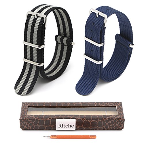 2PC 20mm Nato Ss Nylon Striped Black / Grey,Navy Blue Interchangeable Replacement Watch Strap Band
