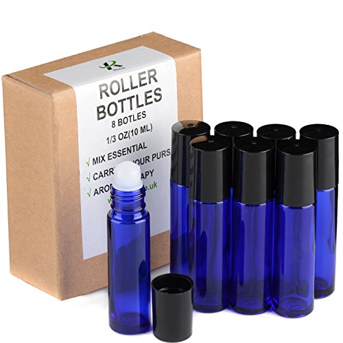 Rioa Essential Oils Roller Bottles,Set of 8, BPA Free, Cobalt Blue Glass-Not Painted Useful for Aromatherapy - Mix with Fractionated Coconut, Jojoba, Almond and Other Carrier Oil