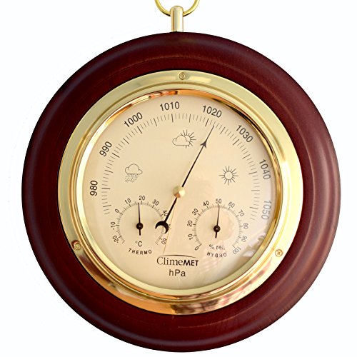 ClimeMET CM4012 Traditional Mahogany Wood Surround Combined Barometer Dial.