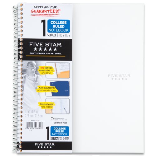 Five Star Wirebound Notebook, 1-Subject, 100 College-Ruled Sheets, 11 x 8.5 Inch Sheet Size, White (72144)
