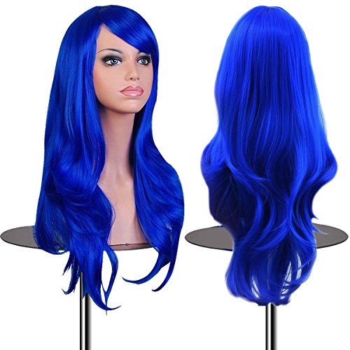 EmaxDesign Wigs 70 cm / 28 ~ High-Quality Cosplay Wig For Women. Long, Full, Curly, Wavy, & Heat Resistant. Fashion Glamour Hairpiece with Free Wig Cap & Wig Comb (Color: Dark Blue)