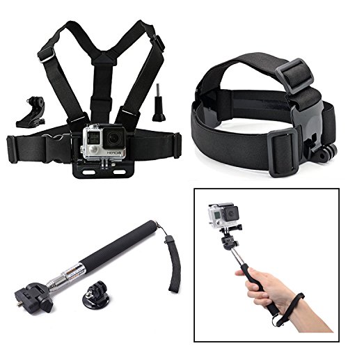 Qkoo Accessories Kit Bundle for Gopro Hero4 Black/Silver HD Hero 4/3+/3/2/1 SJ4000 SJ5000 Camera, in Diving Surfing Skiing Climing Cycling Yachting Snowboarding Ice Skating Sledding Snowmobiling Parachuting Rowing Running Camping Swimming Climbing Bike Riding Outing Any Other Outdoor Sports, Chest Belt Strap Mount Harness + Head Belt Strap Mount Harness + Extendable Selfie Handle Handheld Monopod Stick + J-Hook + Tripod Mount Adapter + Screw GA2