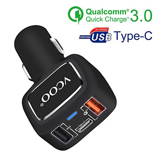 Quick Charge 3.0 Car Charger, VCOO 3-Port USB Car Charger with Qualcomm Quick Charge 3.0 and USB Type C Port for Samsung Galaxy S7/S6/S6 Edge, iPhone, Macbook, iPad, LG G5, Nexus, HTC and More