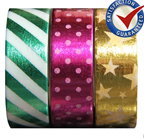 BEST QUALITY Washi Foil Tape Set of 3 Rolls - Decorative - Creative - Adhesive - Masking - Multipurpose - Re-positional Tape ** GREAT** For Any Arts and Crafts - DIY Projects. Color- Fancy!