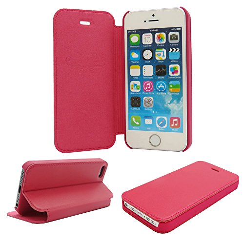 Iphone 5,5S Slim Case, Belfen Soft Genuine Leather Flip Case with Slim style, Stand Feature for Apple iPhone 5 / iPhone 5S - Hot pink