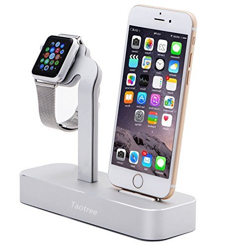 Taotree Apple Watch Stand & Iphone Stand, 2 in 1 Solid Aluminum Body Desk Charging Station, Apple Watch Charging Stand Cradle Holder Dock for Apple Iwatch 38mm & 42mm & iPhone 5 /5s /6 /6s /6plus /6s plus or other Smartphone/Cell Phone,Comfortable Viewing Angle Charging Stand (Silver)