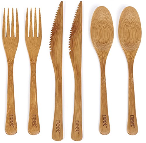 Neet Wooden Flatware Set (6 Peice Set) 100% Natural Eco-Friendly Bamboo Reusable Serving Utensils 2 Spoons 2 Forks 2 Knives BMB-FLTW