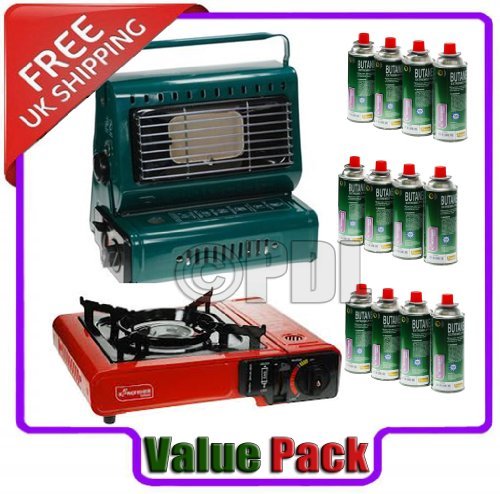 CAMPING VALUE PACK HEATER + STOVE + 12 GAS BUTANE CANISTERS AMAZING OFFER