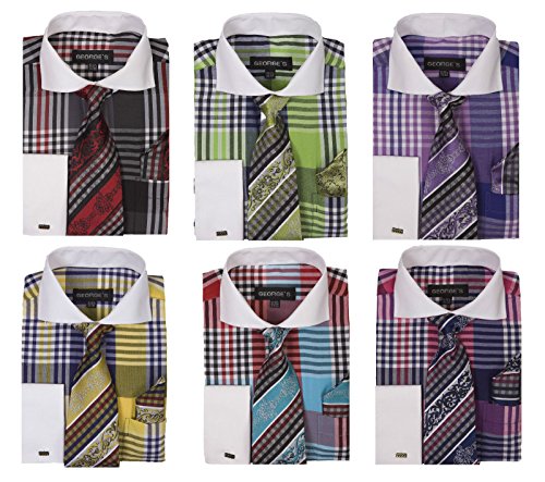 George's Big Plaid Pattern Dress Shirt with Woven Tie & Hankie & Cuffs AH626