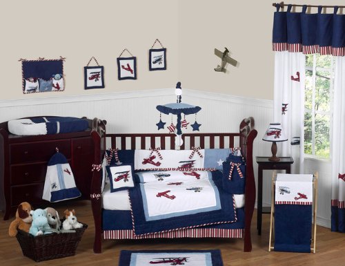 Sweet Jojo Designs Red, White and Blue Vintage Aviator Airplane Plane Baby Boy Bedding 9 pc Crib Set