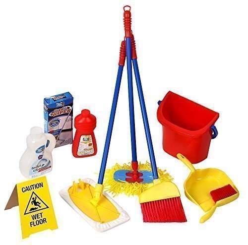 Click n' Play 10 Piece Kids Pretend Play Cleaning Set, Water Bucket, Cleaning Agent Bottles, Broom, Mop, Duster, Wet Floor Sign, Brush and Dustpan