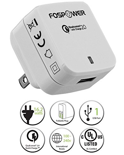 FosPower Bolt [Qualcomm Certified] QC 2.0 Foldable Travel Wall USB Charger for Galaxy S7/S6/Edge/Plus, Note 4/5, LG G4, Nexus 6, HTC 10, Samsung Fast Charge Wireless Charger and More - White
