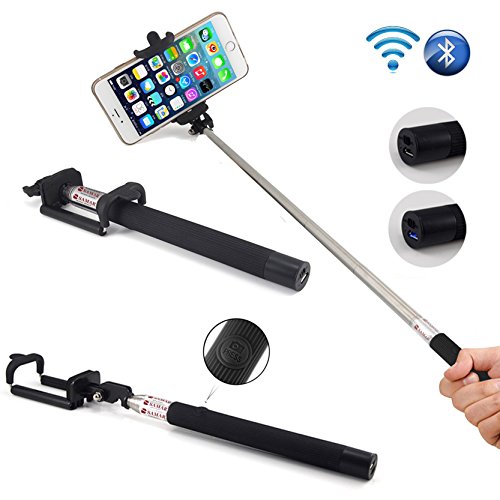 SAMAR® Extendable Integrated Selfie Handheld Stick {Latest 2016 Version} Pole Monopod with Built-in Wireless Bluetooth Remote Camera Shooting Shutter and Adjustable Phone Holder compatible for iPhone, Samsung and other IOS and Android Smartphones (Black)