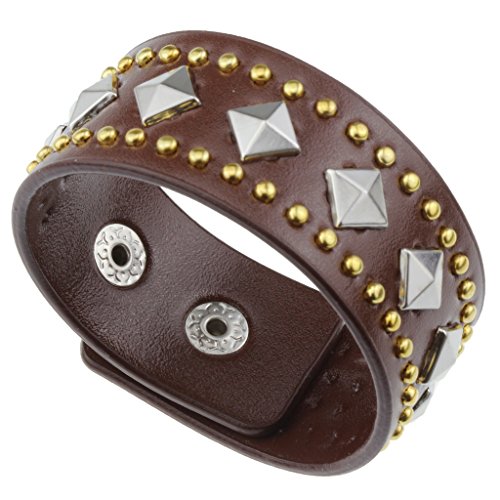 Designer Brown Leather Silver and Gold Metal Studs Bracelet - Fashion Accessories Perfect for Women Girls