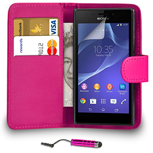 Sony Xperia M2 Hot Pink PU Leather Wallet Flip Case Cover Pouch + Mini Touch Stylus Pen + Screen Protector & Polishing Cloth BY SHUKAN
