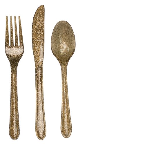 Creative Converting Premium Plastic Glitz Gold Glitter Cutlery, 24 Utensils Per Package