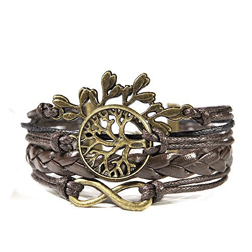 HITOP Jewelry Mens Womens Leather Bracelet, Vintage Leaves Life Tree Charm Bangle, Brown