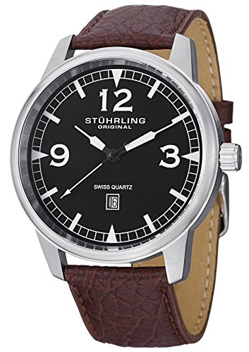 Stuhrling Original Men's 1129Q.01 Aviator Tuskegee Condor Swiss Quartz Date Brown Leather Strap Watch