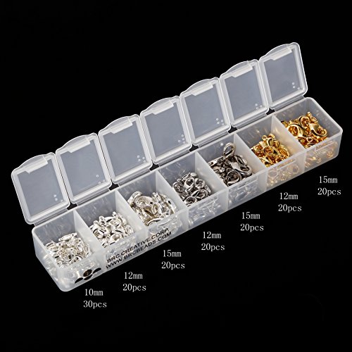 BRCbeads TOP Quality (Silver/Rhodium/Gold) Plated Jewelry Lobster Claw Clasps Findings 10mm-30pcs/12mm-60pcs/15mm-60pcs(Total 150pcs) for Jewelry Making(Plastic Container is Included)