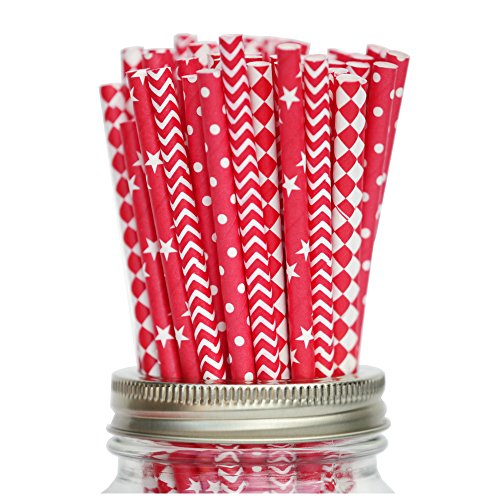Secret Life(TM) Red Pattern Set Party Paper Straws in 100% Biodegradable Container / Red Striped Polka Dot Star Straws (PSCFPR12)