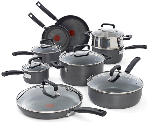 T-fal C770SF Signature Hard Anodized Nonstick Thermo-Spot Heat Indicator Cookware Set, 15-Piece, Gray