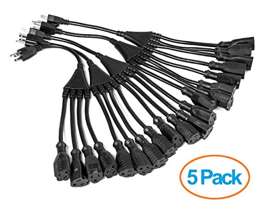 ClearMax 3 Prong 1-to-4 Power Cord Splitter Cable - Power Extension Cord - Cable Strip Outlet Saver - 16AWG - UL Approved - 18 Inches (5 Pack | Black)