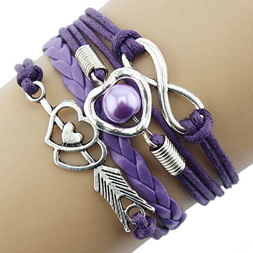 Sannysis DIY Love Heart Pearl Friendship Antique Leather Charm Bracelet (Purple)