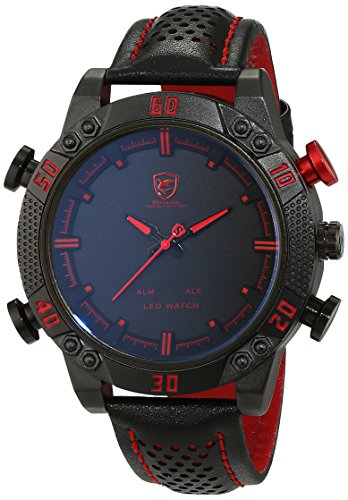 Shark Men's LED Date Day Alarm Digital Analog Quartz Sport Black Leather Band Wrist Watch SH261 Red
