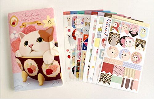 ONOR-Tech 8 Sheets Lovely Cat Decorative Adhesive Sticker Tape / Kids Craft Scrapbooking Sticker Set for Diary, Album