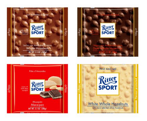 4 in 1 of Ritter Sport Mix Milk, White and Dark Chocolate Bars with Whole Hazelnuts and Marzipan
