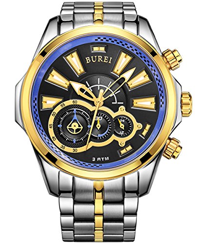 BUREI® Men's Luminous Chronograph Analog Watch with Two-tone Bracelet, Gold Blue Bezel Black Dial