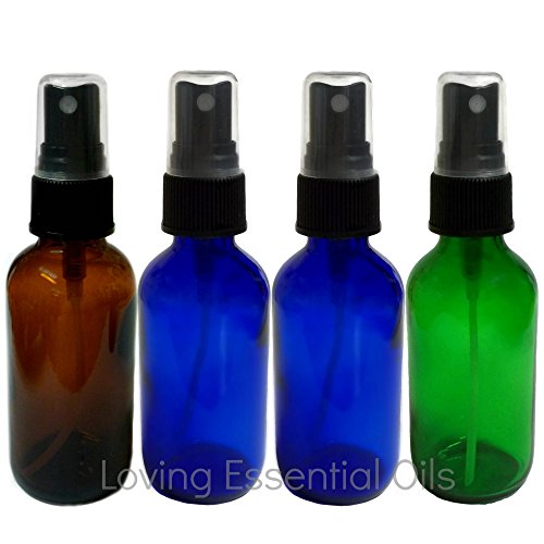 2 oz Glass Spray Bottle Colored Set with Recipes Guide. 6 Blue, 7 Green and 7 Amber Fine Mist Atomizer. Empty Containers for Misting Aromatherapy, Essential Oils, Cleaning, Room Sprays.