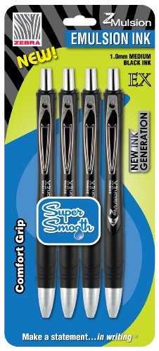 Zebra Z-Mulsion EX Emulsion Retractable Ballpoint Pen, 1.0mm, Black, 4-Pack (34214)