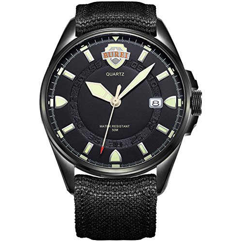 BUREI® Men's Luminous Army Style Outdoor Sports Date Quartz Watch with Canvas Black Strap-Black Silver Dial ,Silver Bezel