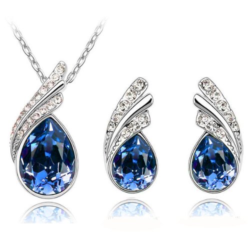 Stylish Jewellery Set Dark Blue Crystal Wings Studs Earrings & Necklace S289