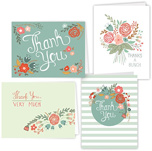 One Jade Lane - Floral Festival - Designer Thank You Cards - Heavy Stock - 4 Designs - Set of 12 Folded Cards & Our Unique Fine Cornered Envelopes.