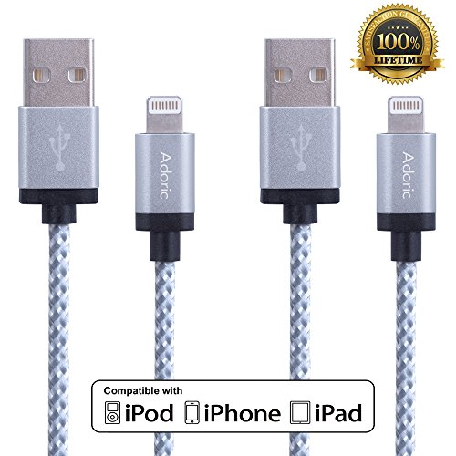 Adoric 2pcs 6ft/2m Lightning Cable Extra Long Nylon Braided Tangle-Free 8 Pin, Sync & Charge iPhone 6s/6s Plus/6/6Plus/5s/5c/5, iPad/iPod Models (White)