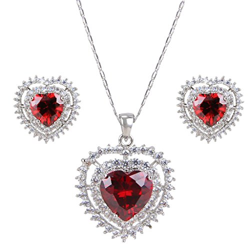 EVER FAITH® CZ Luxury Love Heart July Birthstone Jewellery Set Silver-Tone Ruby Color N05993-2