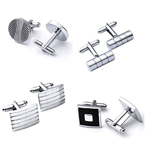 Zysta 4 Pairs of Men's Stainless Steel Classic Silver Tone Cufflinks