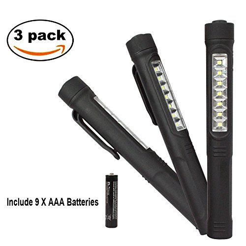 Durapower® Pocket Work Light Flashlight Pen Automotive/Garage Repair/Emergency/refrigerator With Magnetic Clip Easy To Hang Two Light Modes 3Pcs Pack 9Pcs AAA Batteries Included