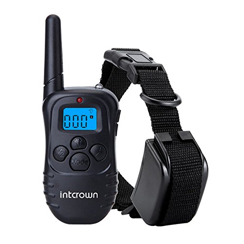 Intcrown Dog Training Collar Rechargeable LCD Remote Shock Control with Blue Backlight Screen with 100 Level of Vibration + 100 Level of Static Shock Range About 330 Yards (Black)