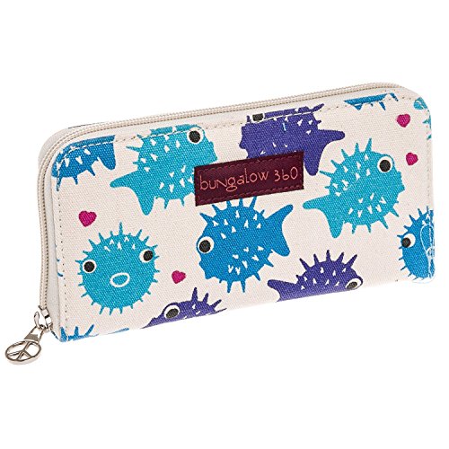 Bungalow360 Womens Canvas Large Zip-Around Wallet (Puffer Fish)