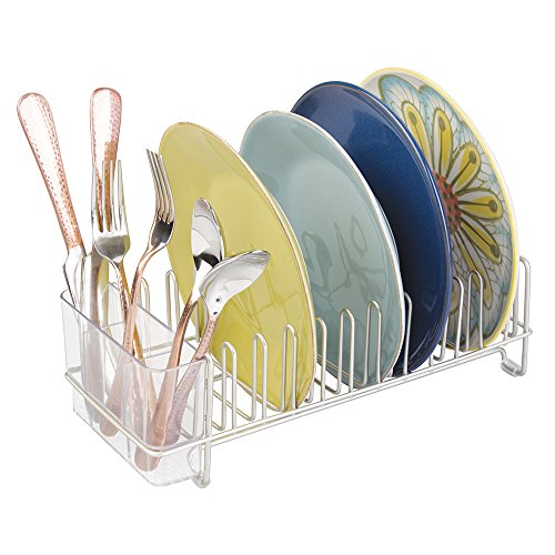 mDesign Compact Kitchen Dish Drainer Rack for Drying Glasses, Silverware, Bowls, Plates - Satin/Clear