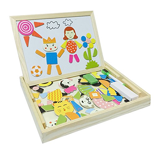 Tribe Wooden Writing Board Magnetic Jigsaw Puzzle Drawing White Blackboard Easel Toy Educational Learning Game with Double Side for Kids Boys Girls Children 3 4 Years Old, Campus Style
