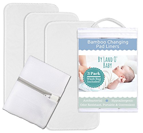 Bamboo Diaper Changing Pad Liner 3-Pack w/ Mesh Wash Safe Bag, Soft, Hypoallergenic, Antibacterial and Waterproof, Color White by Land O' Baby