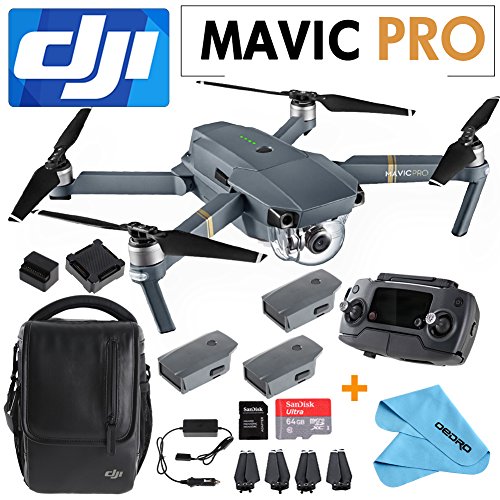 DJI Mavic Pro Collapsible Quadcopter+Shoulder Bag+2 Intelligent Flight Batteries +Car Charger, Spare Propellers, SanDisk 64GB