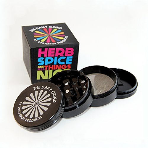 The Daily Grind,Premium Herb, Spice, Tobacco 4 Piece Aluminium Grinder, Free Removable Scraper with Resin, Pollen, Keif Collector, Sharp Powerful Teeth for Cutting Edge Grind