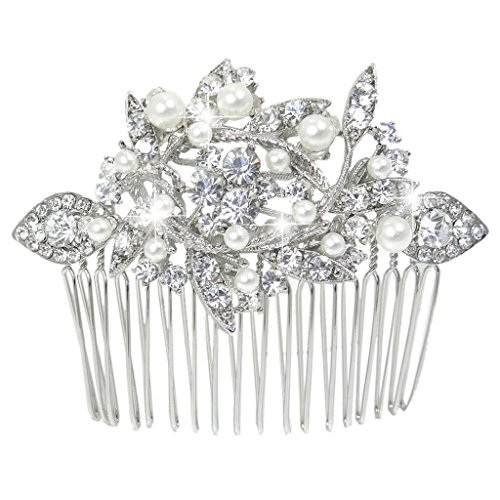EVER FAITH® Women's Crystal Cream Simulated Pearl Bridal Leaf Hair Comb Silver-Tone